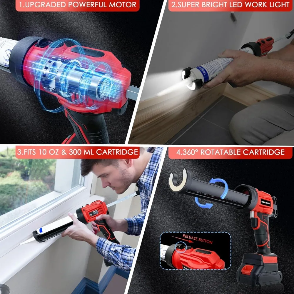 Cordless Caulk Gun, 21V Electric Caulking Gun Battery Powered with 2 Batteries & Charger & LED Light, 4 Adjustable Speeds