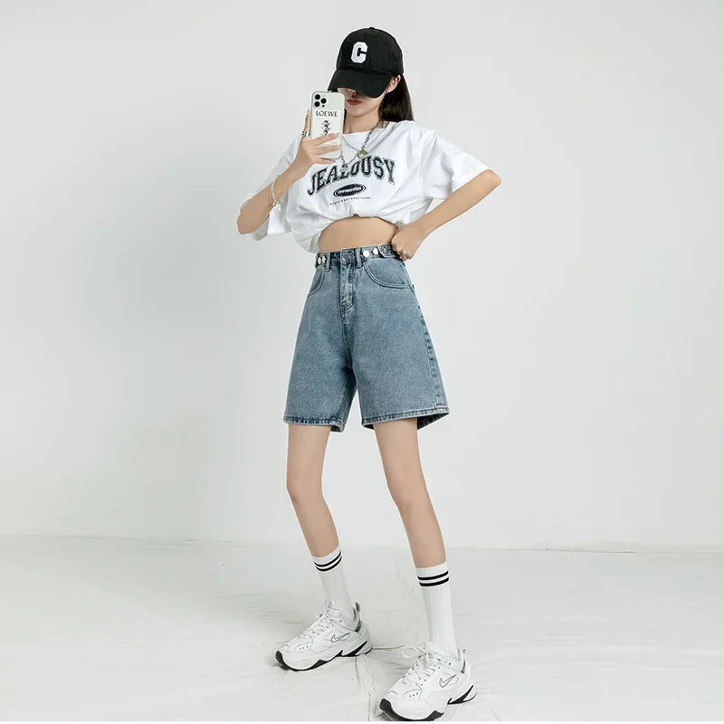 ZOENOVA 여성용 벨트 반바지 청바지, 헐렁한 Y2K 패션, 스트레이트 빈티지 스트리트웨어 데님, 2024 여름 루즈 데님 반바지