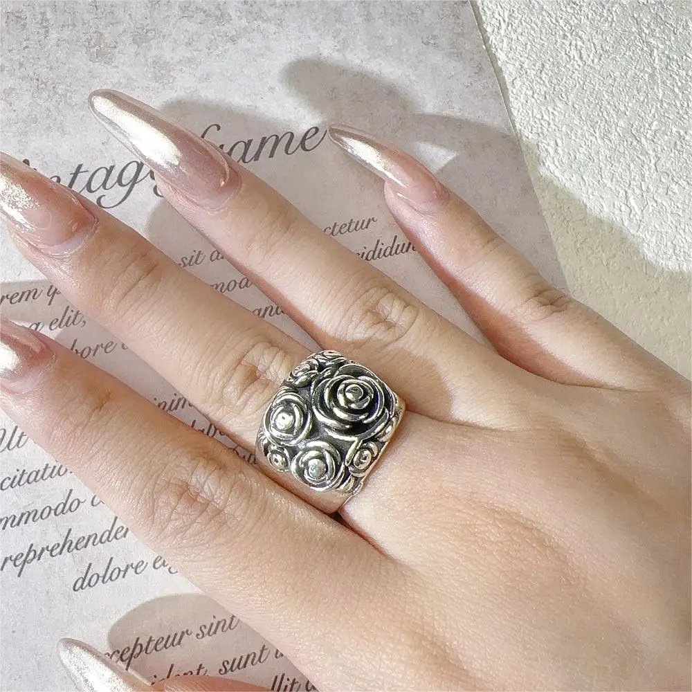 Finger ring Silver ring Vintage Rose Flower Rings for Women Ancient Silver Color Statement Ring Love Gift for Girls Jewelry