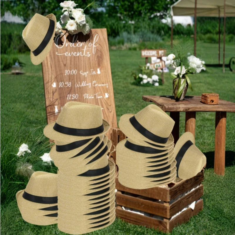 Straw Hat Wedding Straw Fedora Party Hats Summer for Men Women Short Brim Panama Cap Unisex Beach Sun Hat Costume Gift for Guest