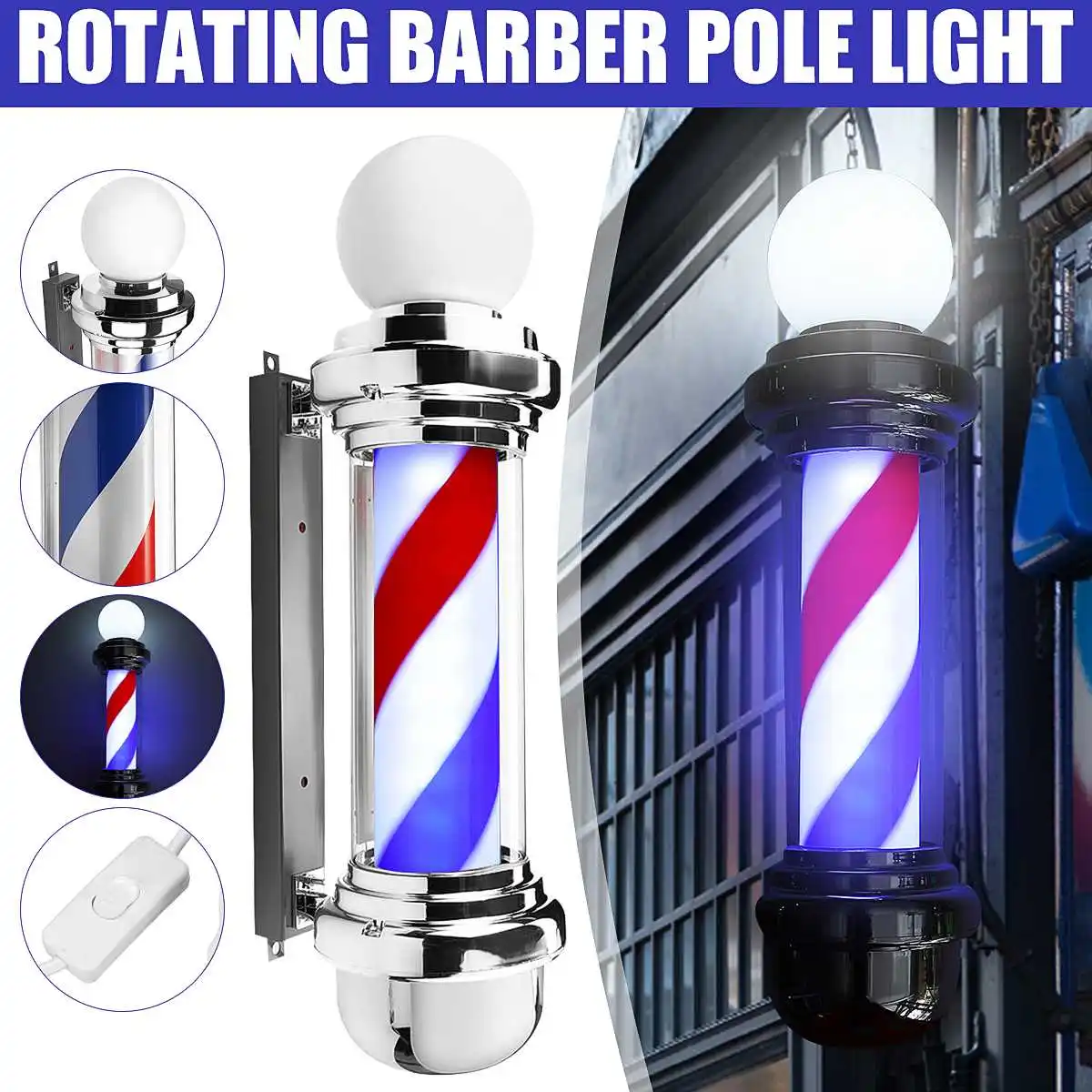 Barber Pole Red+White Stripes Classic Vintage Salon Barbers Shop Sign LED Light 