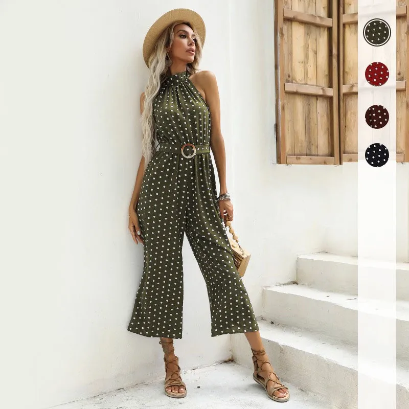 

Summer Polka Dot Halter Neck Black Wide Leg Bodycon High Waist Sexy Jumpersuit For Women Pantalones Anchos Mujer Monos Elegantes