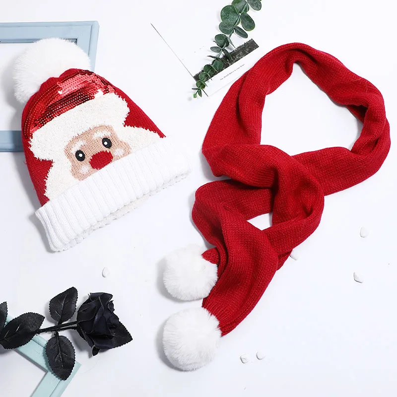 winter-new-knitted-christmas-hat-sequins-santa-hats-outdoor-warm-woolen-hat-scarf-set-gorro