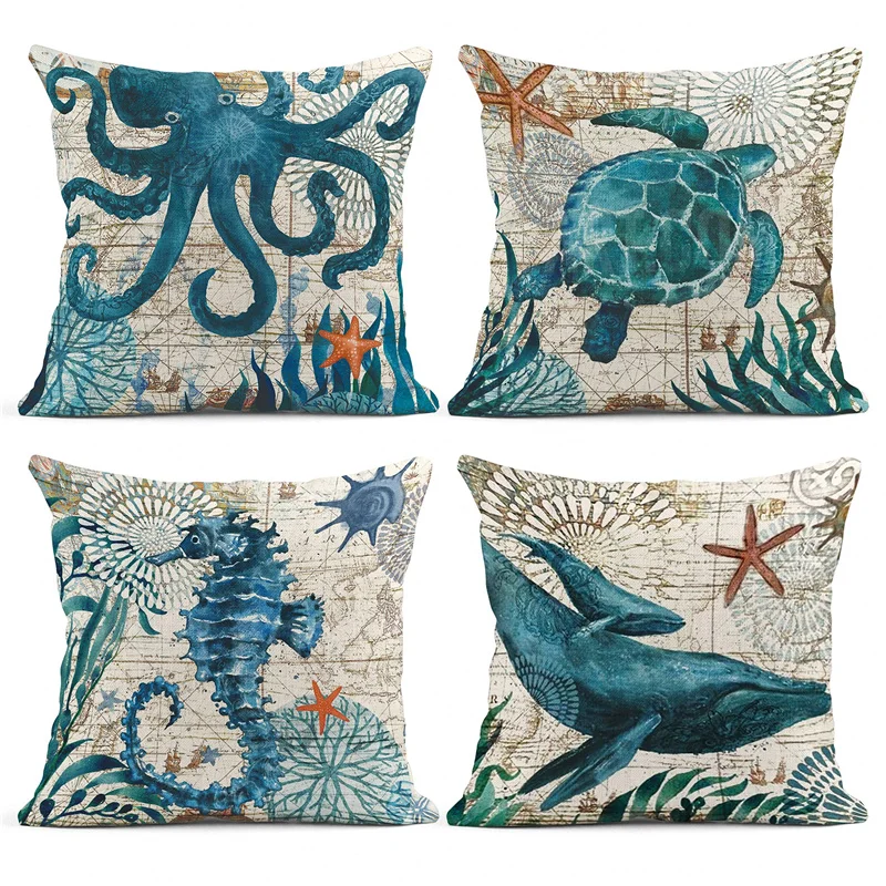 

Magical Sea World Prints Pillow Cover Turtle Painting Pillowcase Geometric Whale Cushion Cover 45x45cm Home Sofa Decor G223