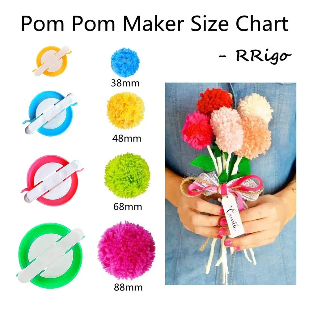 4-Size Pom Pom Maker Kit with Yarn Cutter DIY Fluffy Craft Tool for Knitting, Crochet & Kids/Adult Projects