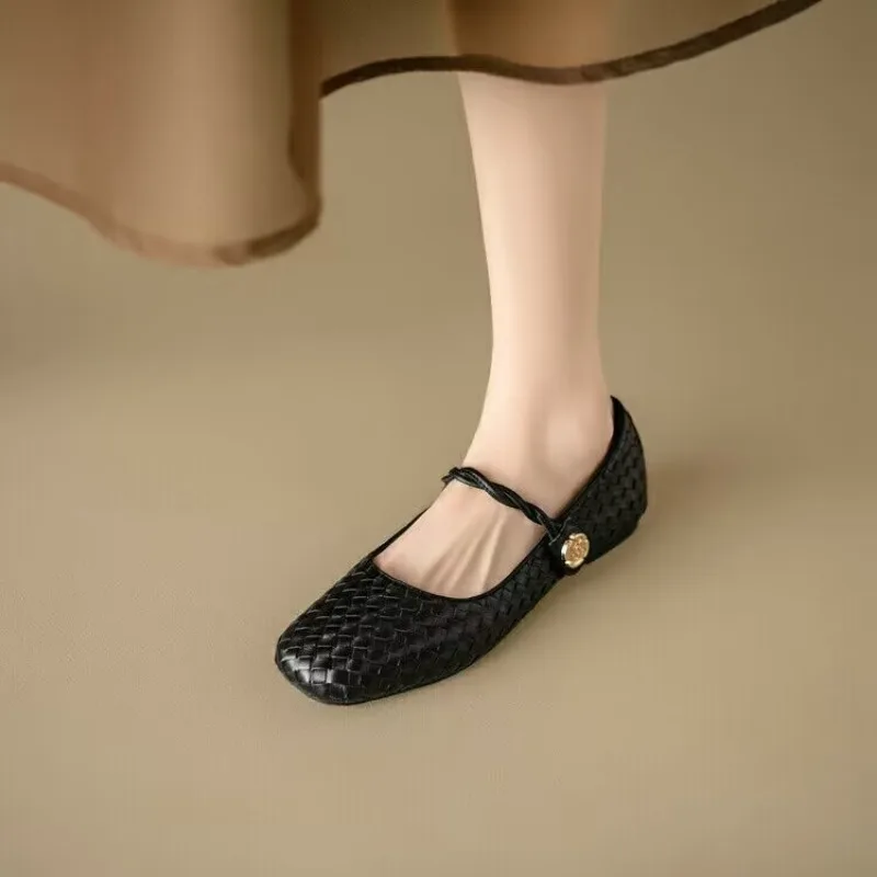 New Women's Flats Square Toe Mary Janes Shoes Woven Leather Shoes for Female Low Heels Designer Shoes Ballet Flats Autumn 3