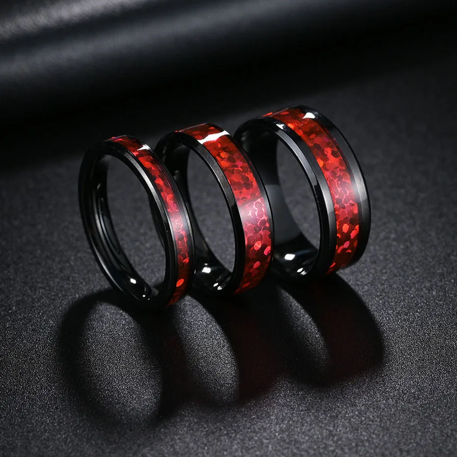 Anello In Tungsteno Nero Spazzolato Da 8 Mm Con Intarsio Rosso Scanalato, Anello Nuziale In Tungsteno Con Bordo Smussato Spazzolato, Anello Nuziale Per Uomo E Donna, Regalo Di Anniversario - Italia - Foto 3