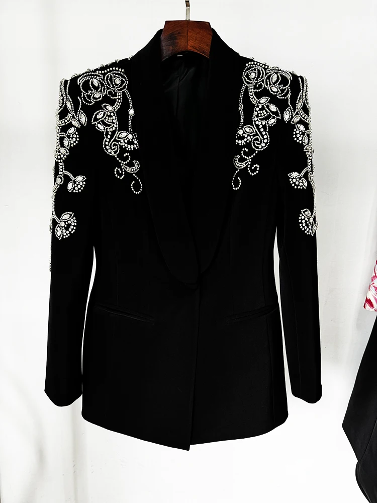 HIGH STREET Newest Fashion 2024 Women's Diamonds Rhinestone Beaded Blazer Mermaid Long Skirt 2