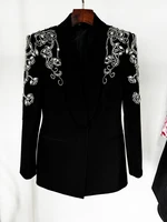 HIGH STREET Newest Fashion 2024 Women's Diamonds Rhinestone Beaded Blazer Mermaid Long Skirt 2