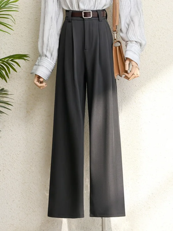 2026 New Burgundy Suits Pants for Women Office Lady Elegant High Waist Wide Leg Fashion Trousers with Pockets Black Gray