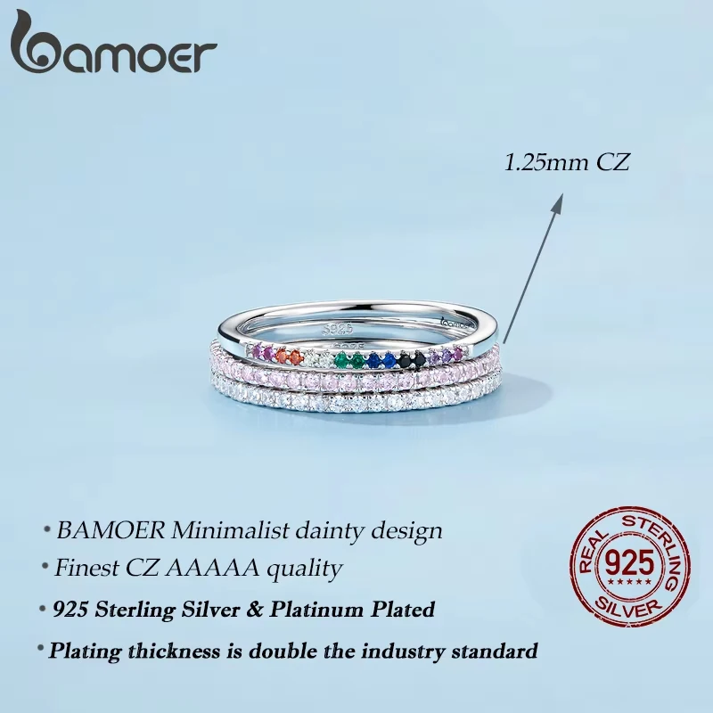 BAMOER 925 Sterling Silver Full Paved Simulated Diamond Stackable Rings, Women Gold Plated 5