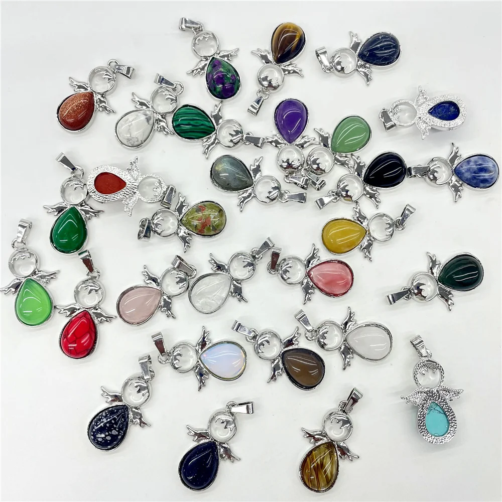 Fashion Natural Gem Stone Quartz Crystal Opal Mix pendant&Alloy angel Pendant DIY charm Jewelry Making Necklace Accessorie 12pcs 2