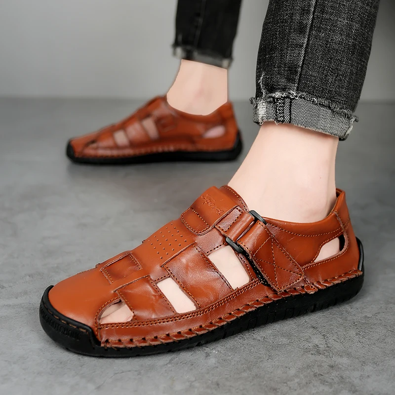 British Style Handmade Sole Men's Sandals Thick Soled Leather Casual Beach Shoes