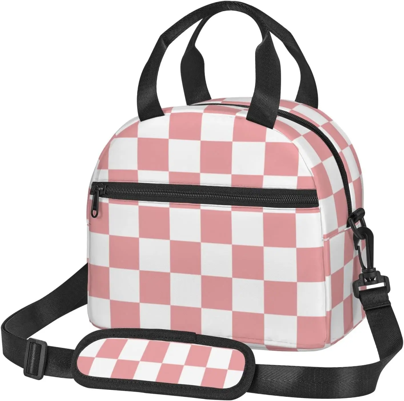 

Pink Checkerboard Lunch Box Reusable Insulated Totes Lunch Bag Thermal Cooler Adjustable Shoulder Strap Bag For Men Women
