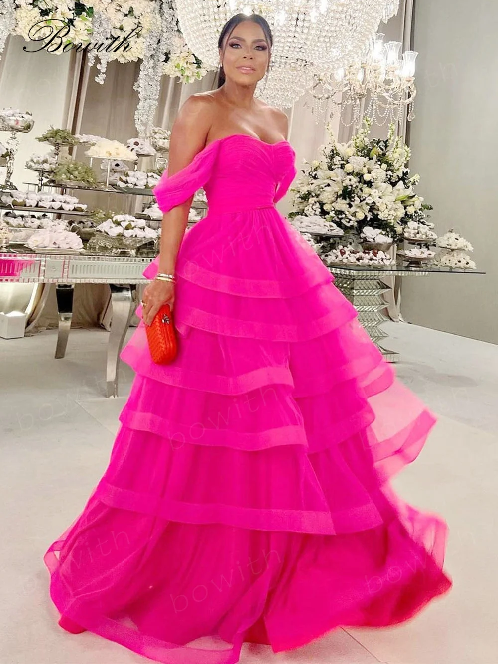 

Bowith Fuchsia Off Shoulder Evening Dress A Line Party Dress for Women Maxi Formal Occasion Dresses vestidos de fiesta