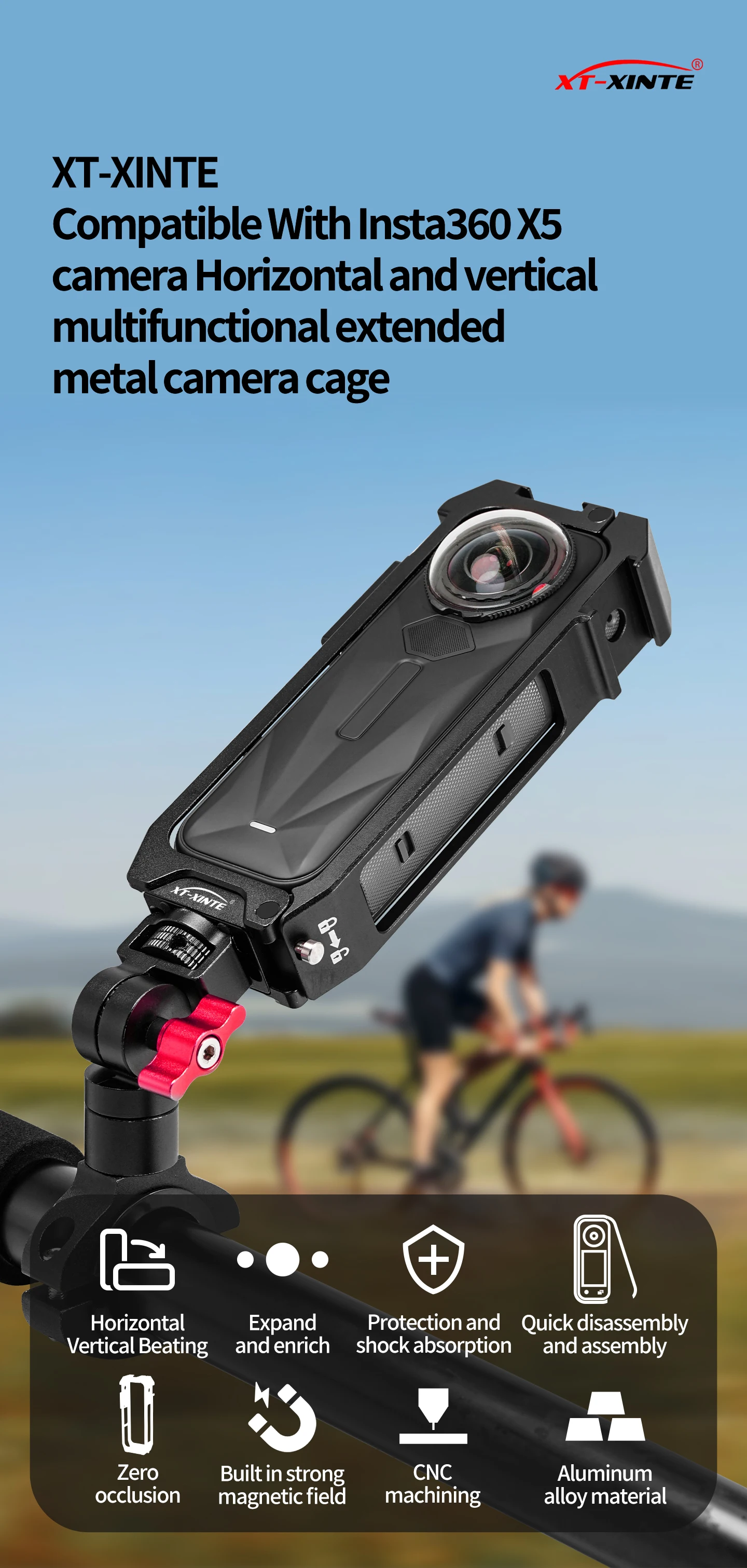 Aluminium-Magnetrahmengehäuse für Insta 360 X5, vertikale Aufnahme, 3 Kaltschuhhalterungen, Schutzhülle für Insta 360 X5 Action-Kamera – Detail 1