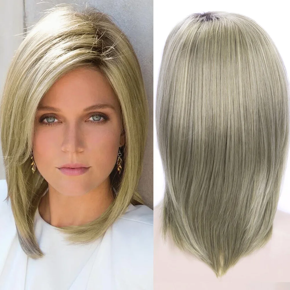 GNIMEGIL Synthetic Blonde Bob Short Wigs for White Women Straight Hair Wigs with BangsTwo Tones Hairstyle Dark Root Ombre Wigs