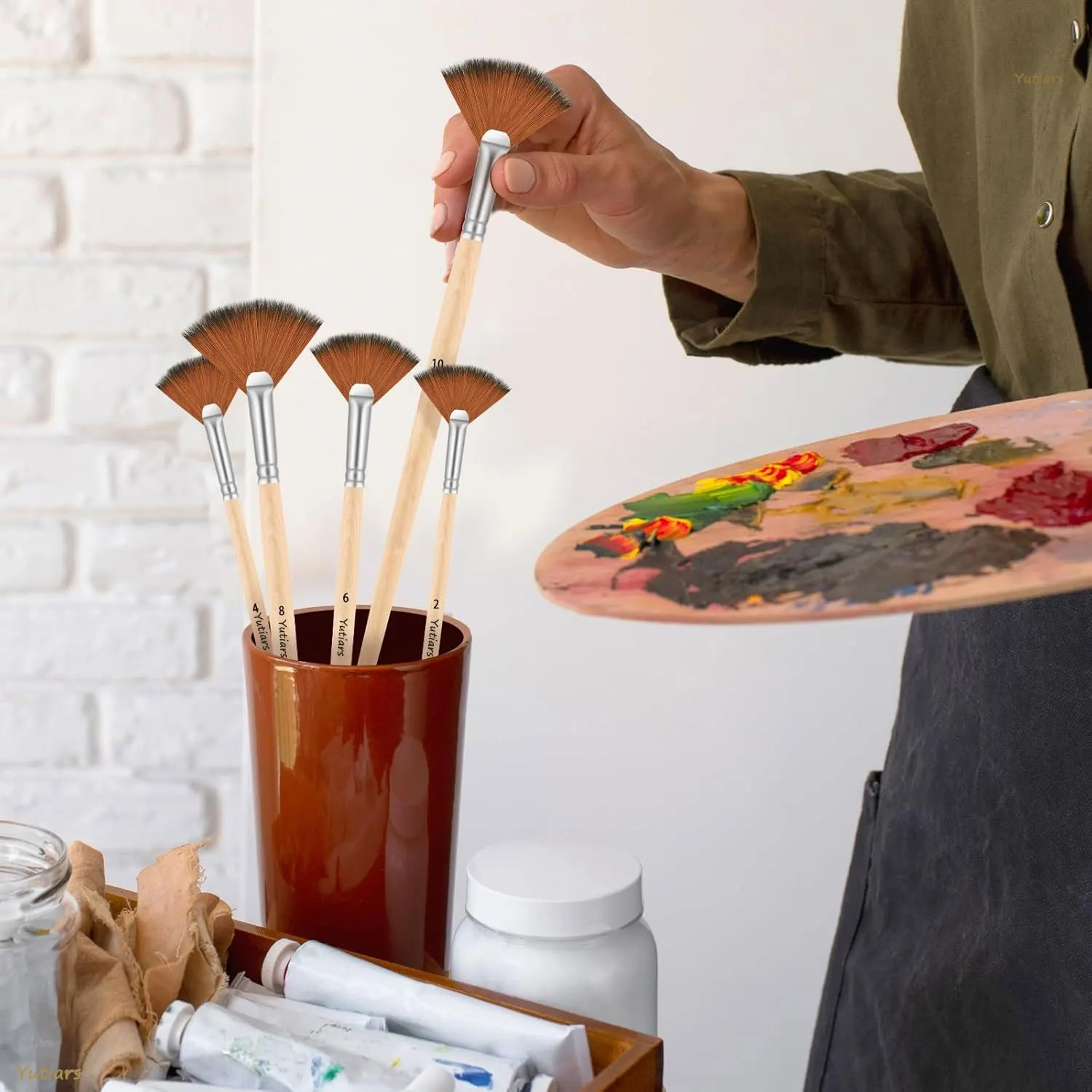 10pcs Paint Brushes Set, Fan Brushes Acrylic Paint Brushes Oil Painting Brushes with Nylon Hair & Short Wood Handle Painting 4