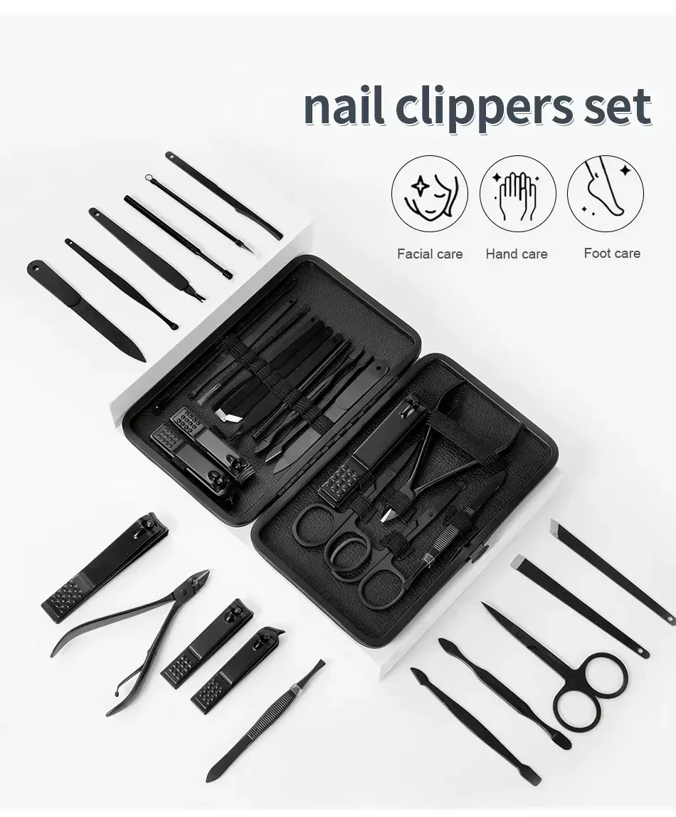 8/15pcs Premium Black Nail Clipper Set with Stainless Steel Manicure Pedicure Tools for Foot Care in Travel Case Nail Care Kit