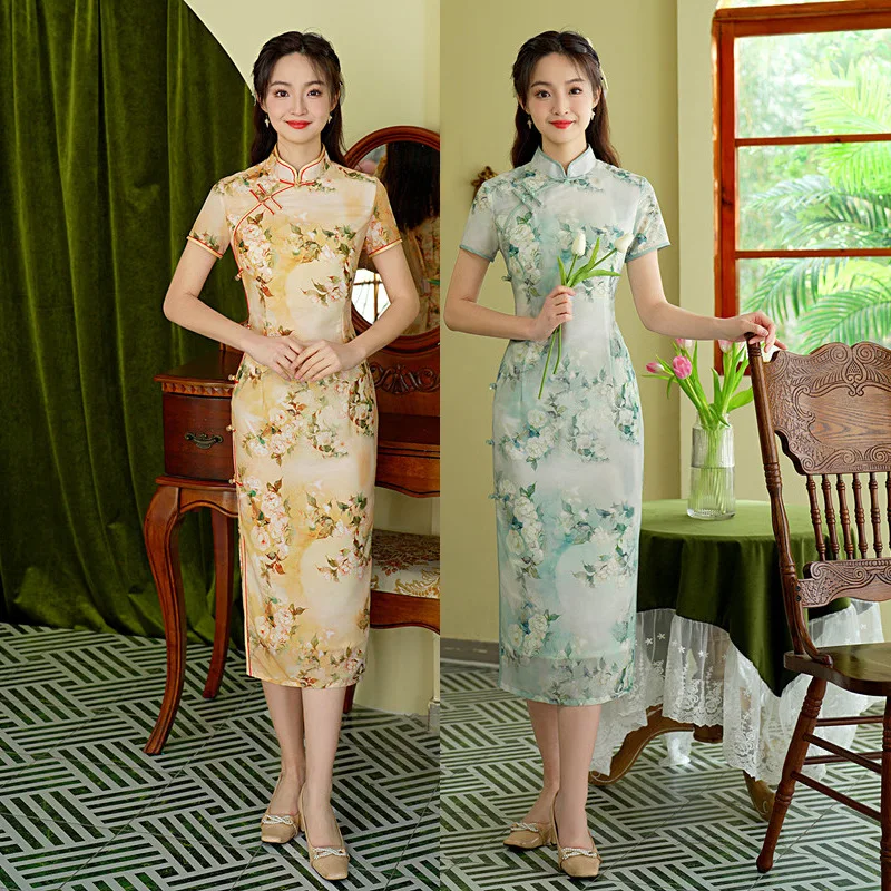 

Oriental Summer Flower Printed Short Sleeve Cheongsam Dress Chinese Women Mandarin Collar Qipao
