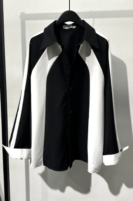 SuperAen Korean Autumn Black and White Panels Contrast Loose Long-sleeved Shirt High-end Patchwork Shirts