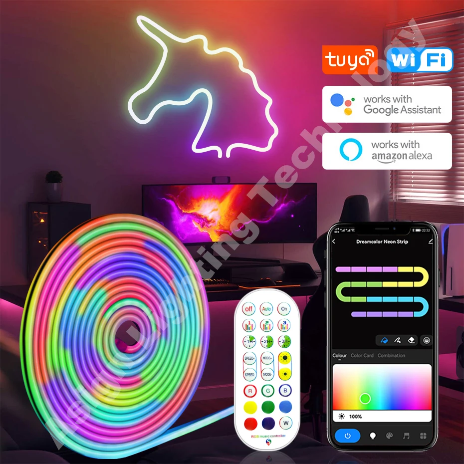 

Tuya Smart WiFi LED Neon Strip DC12V 96LEDs/m Flexible RGB Neon LED Tape IP67 Waterproof RGBIC Rainbow Chasing Effect for Room