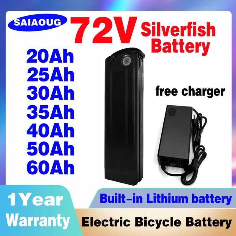 

300W-2500W 50Ah Electric Bike 72V 60Ah Lithium Battery Silver Fish Ebike for Brand cell Li-ion Battery With 50A BMS and Charger