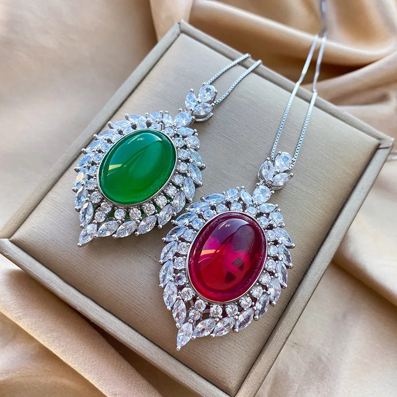 

Hot selling jewelry S925 silver classic green chalcedony red corundum plain fluorescent pendant SCH1 necklace
