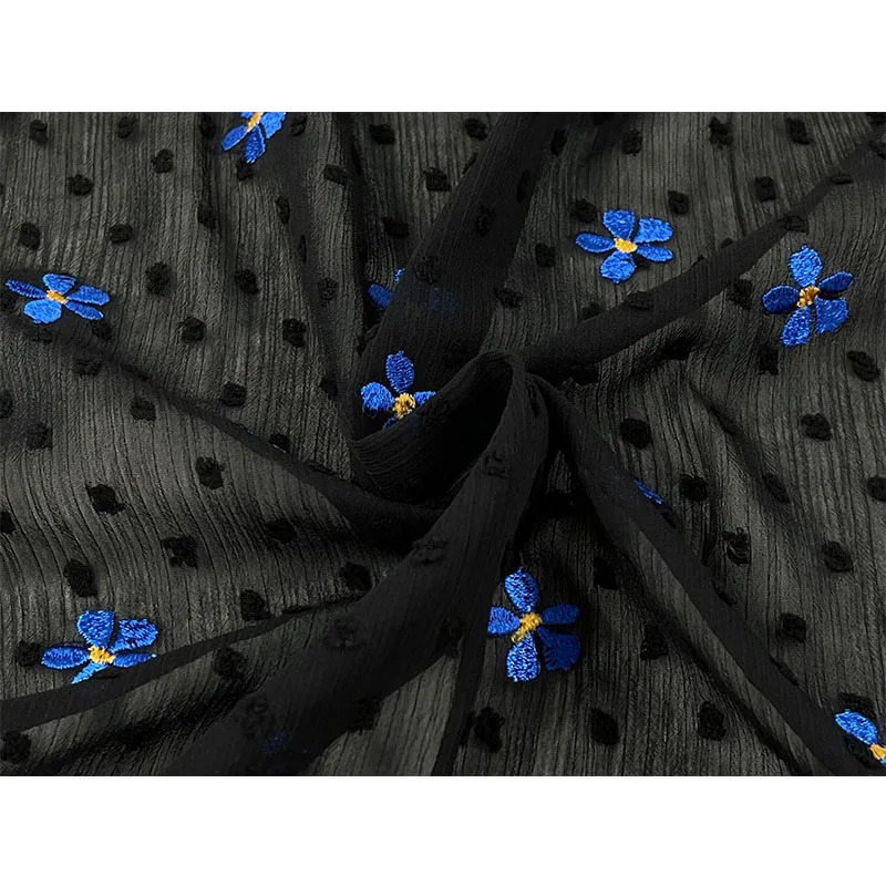 Blue Embroidered Chiffon Fabric Dress Shirt Cheongsam Clothing Fashion Designer Fabric Handmade DIY Cloth