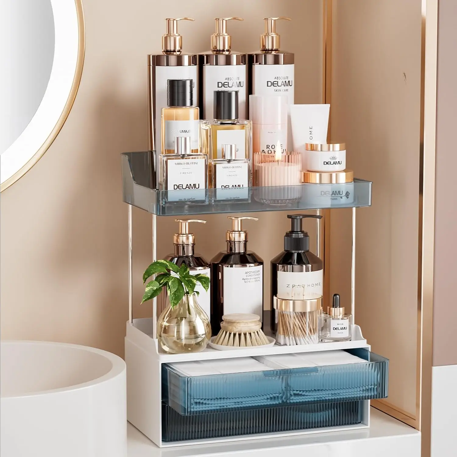Bathroom Organizers and Storage, 2-Tier 2-Drawer Makeup Organizer Countertop,Ideal for Bathroom Storage, Vanity, Large Skincare
