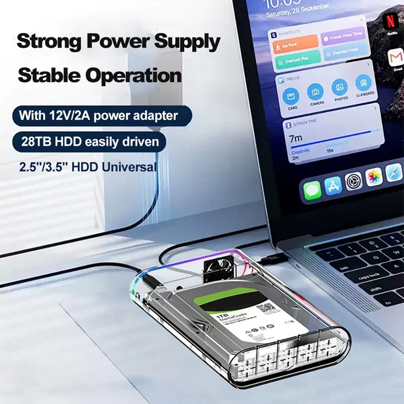 3.5인치 HDD/SSD 인클로저 투명 USB 3.0 타입 C - 외장형 HDD 케이스 지원 28TB SSD RGB 다채로운 조명 US 플러그-A31R