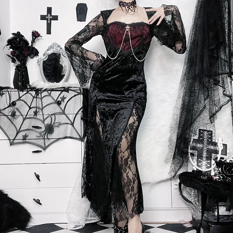 Chain Long Dresses Gothic Party Velvet High Slit Lace Patchwork Tube Maxi  Dresses Bodycone Street Wear Party Dress - AliExpress