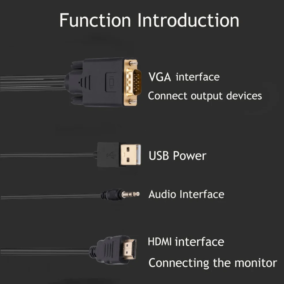 VGA to HDMI Adapter Cable 1080P VGA Male to HDMI Male Converter Cable With Audio USB Power for PC TV Laptop Monitor Projector