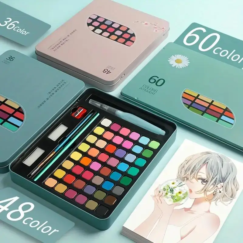Premium Watercolor Set-36-60 Vibrant Colors, Washable Latex Pigments and Brushes for Artists and Students