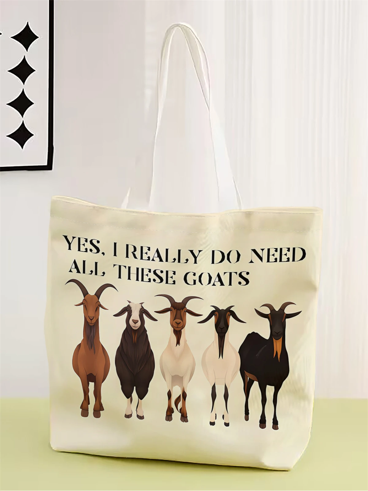 1pc,cartoon goat pattern handbag, reusable fashionable handbag, multifunctional handbag, printed canvas shopping bag