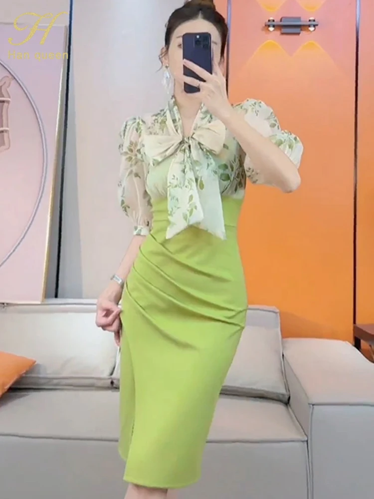 LaceUp Bow Printed Patchwork Pencil Dress DressExpresses