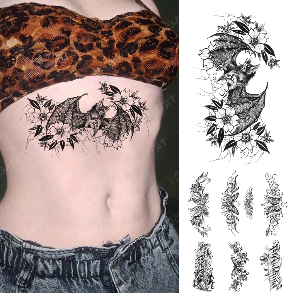 

Halloween Bat Waterproof Temporary Tattoo Sticker Black Mandala Flower Rave Festival Body Art Women Men Arm Fake Sleeve Tattoos