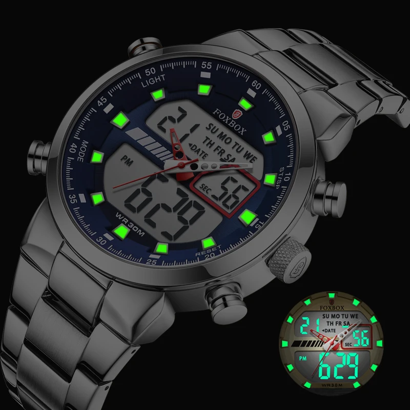 LIGE Fashion Luxury Digital Quartz Watch for Men Stainless Steel Waterproof Dual Display Man Watches Sports Luminous Chronograph