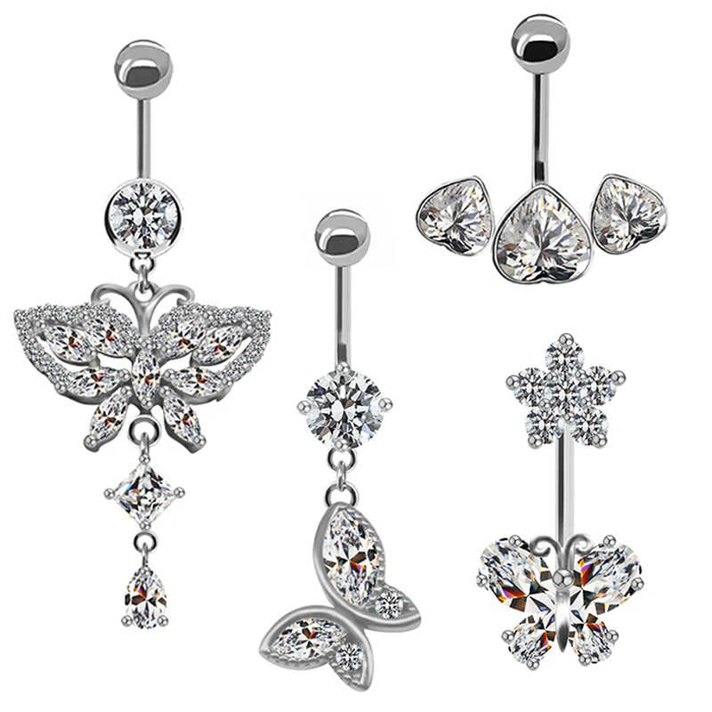 Fashion Shiny Butterfly Flower Zircon Pendant Stainless Steel Belly Button Ring Beautiful Navel