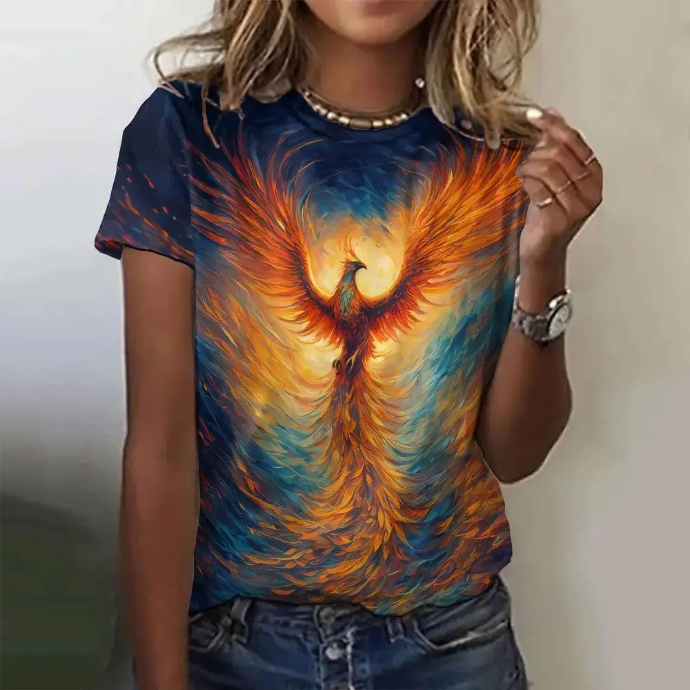 

Women's T-shirt Round Neck Loose Short Sleeved Fashionable Pullover Phoenix Print Summer Comfortable Top Women's Party T-shirt
