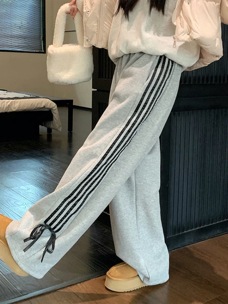Women Stripe Sweatpants 2024 Spring Summer Bow Y2k Simple Casual High Waist Straight Wide Leg Trouser Female Sporting Trousers