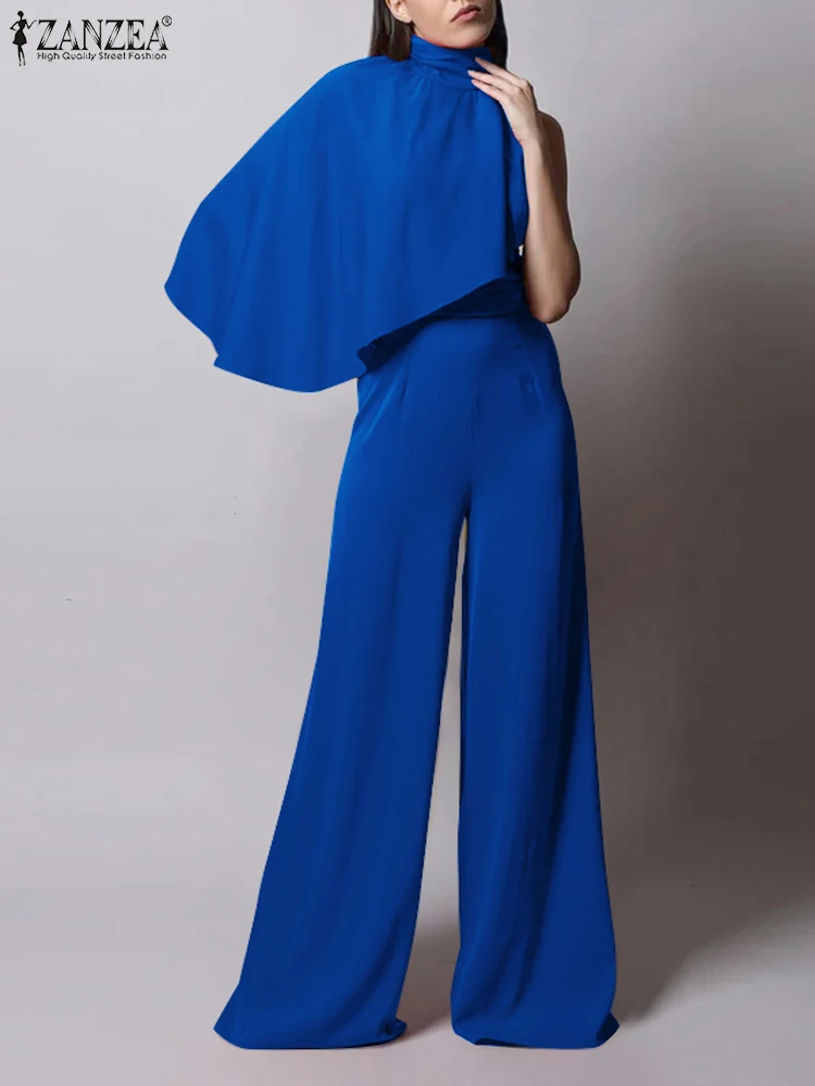 

ZANZEA 2023 Summer Wide Leg Pants Long Rompers Fashion Sleeveless Jumpsuits Women Waisted Playsuits High Neck Vintage Overalls