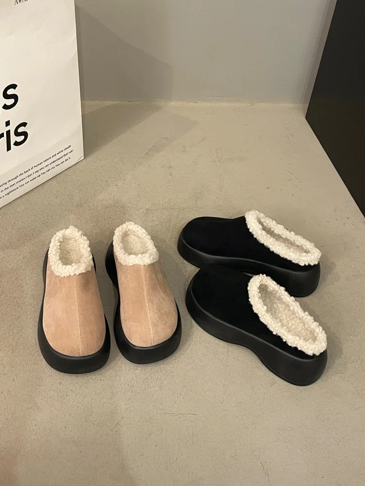 

Зимние женские ботинки на плоской подошве со стандартным закрытым носком, женские сланцы, 2023 короткие плюшевые хлопковые тканевые домашние тапочки
