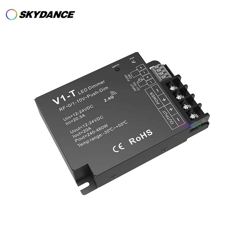 

Skydance V1-T 12V-24V 20A 3-in-1 dimming/RF remote/0-10V/Push Dim/20A output/Auto-transmitting/Synchronize