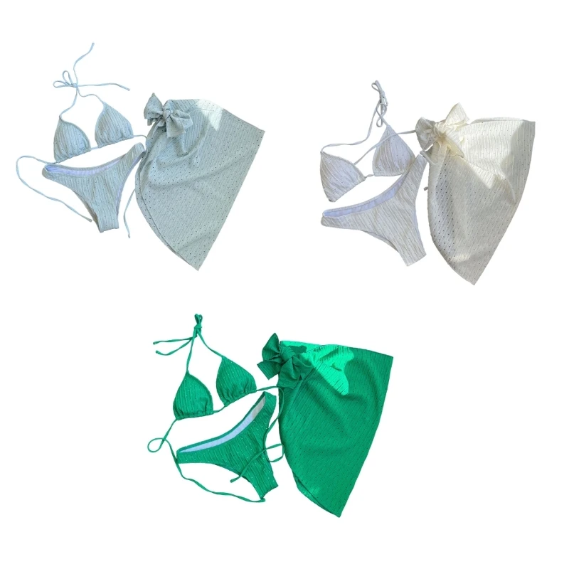 

Новинка 2022, купальный костюм из 3 предметов, треугольный купальник-бикини с накидкой и юбкой для женщин, пляжная юбка с кулиской, купальный костюм с лямкой на шее