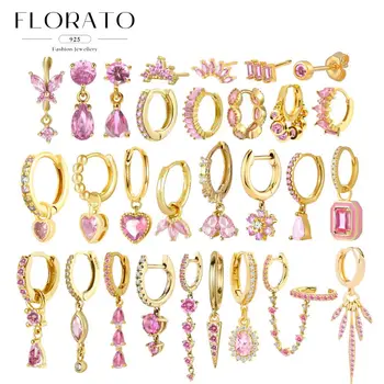 Luxurious geometry 925 sterling silver ear Needle pink series zircon pendant hoop earrings sweet fashion wedding jewelry gifts