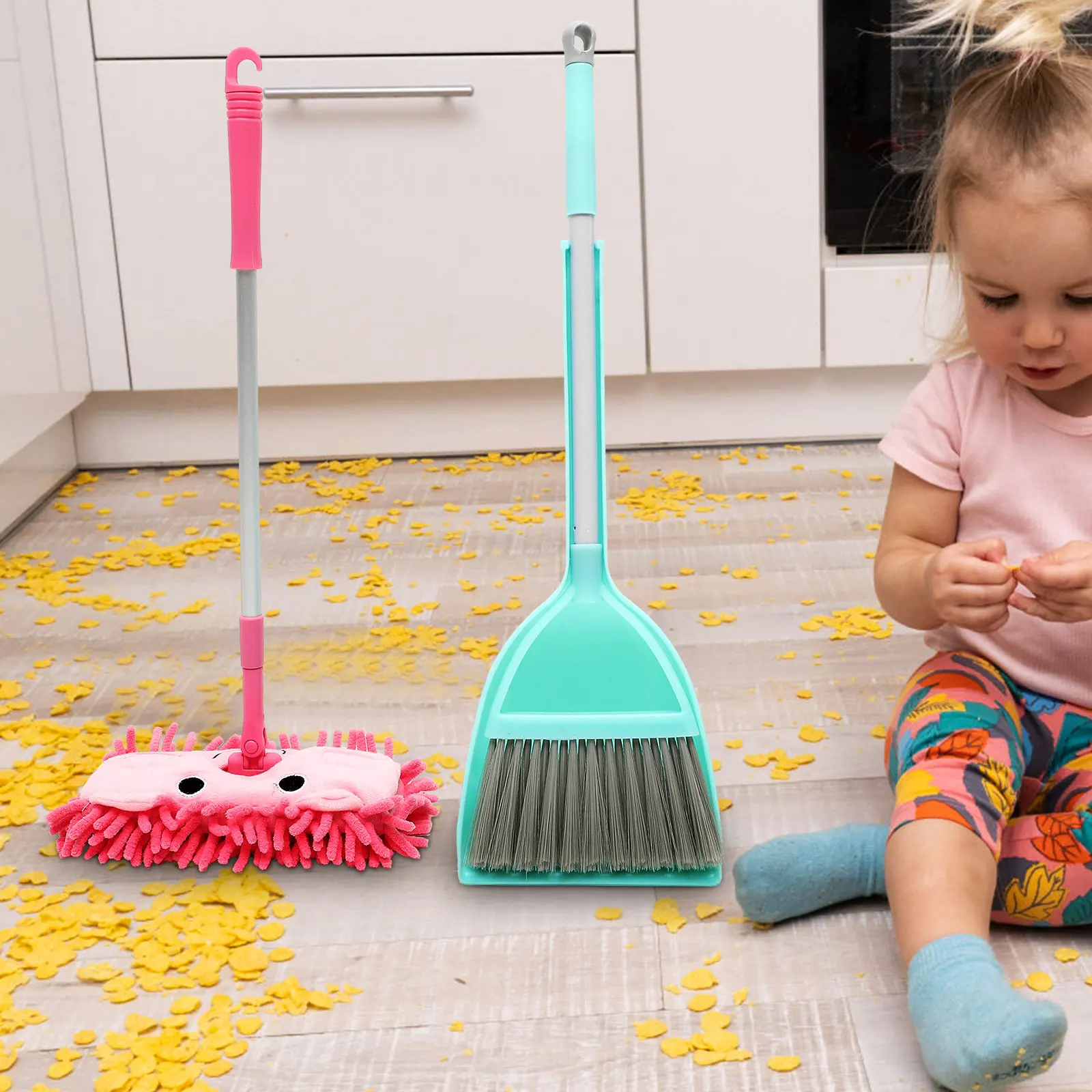 1 세트 어린이 청소 놀이 세트 작은 빗자루 걸레 콤보 휴대용 용 청소 세트 부드러운 버 프리 표면 강한 강모