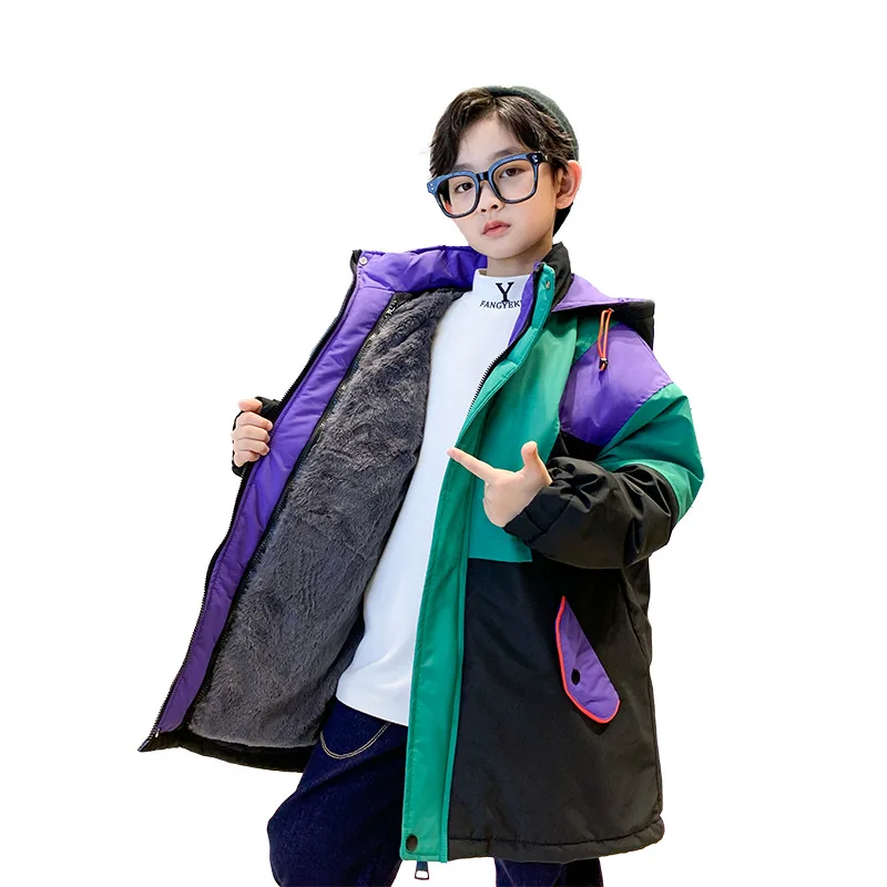 

Boys Fleece Outerwear Winter Parka New Fashion Children's Clothing Patchwork Hooded Windbreaker Thickened Warm Coat Top 4-14 Yrs