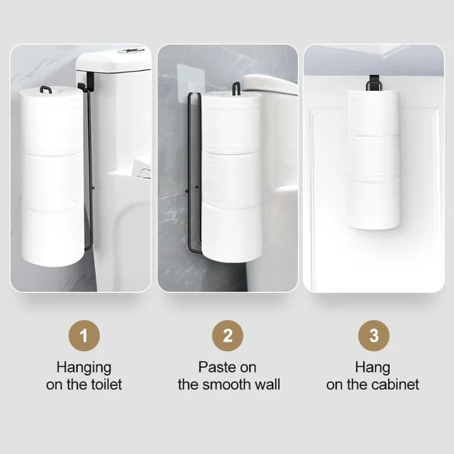 Porte-papier hygiénique auto-adhésif, porte-mouchoirs de salle de bain en fer noir avec porte-serviettes, support mural sans perçage, rangement de salle de bain 4
