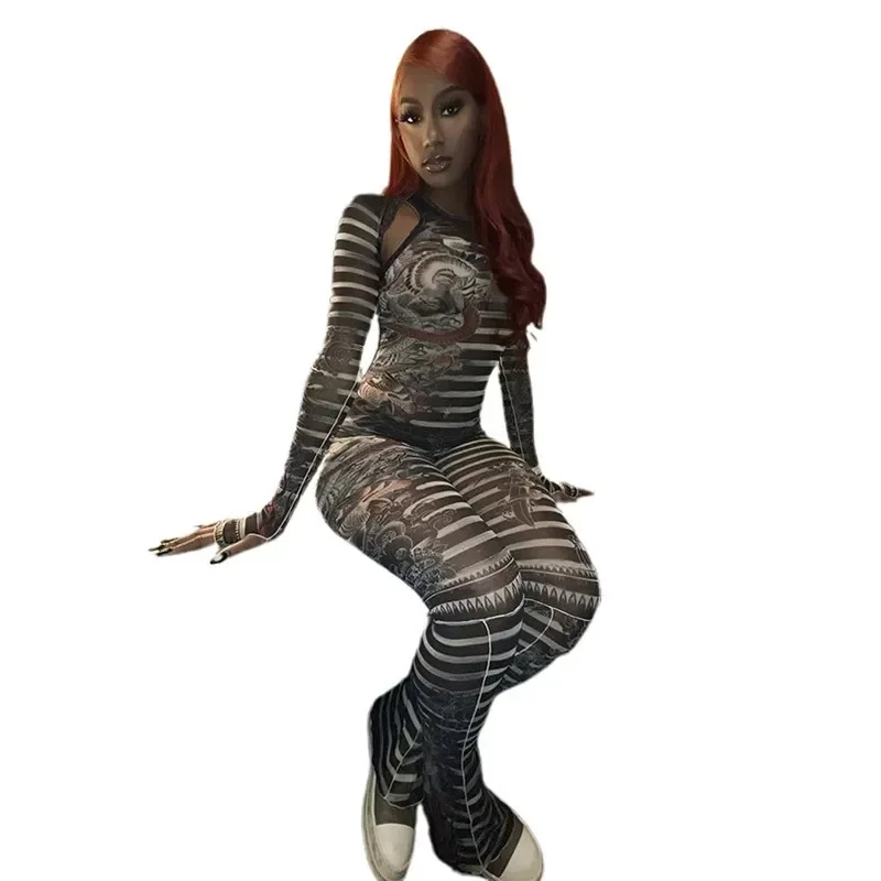 Covered for Swimsuit Cover Up Vacation Outfits Dress Beach Women 2024 New Sexy Tight Mesh Print Hollow Pants Suit Spandex